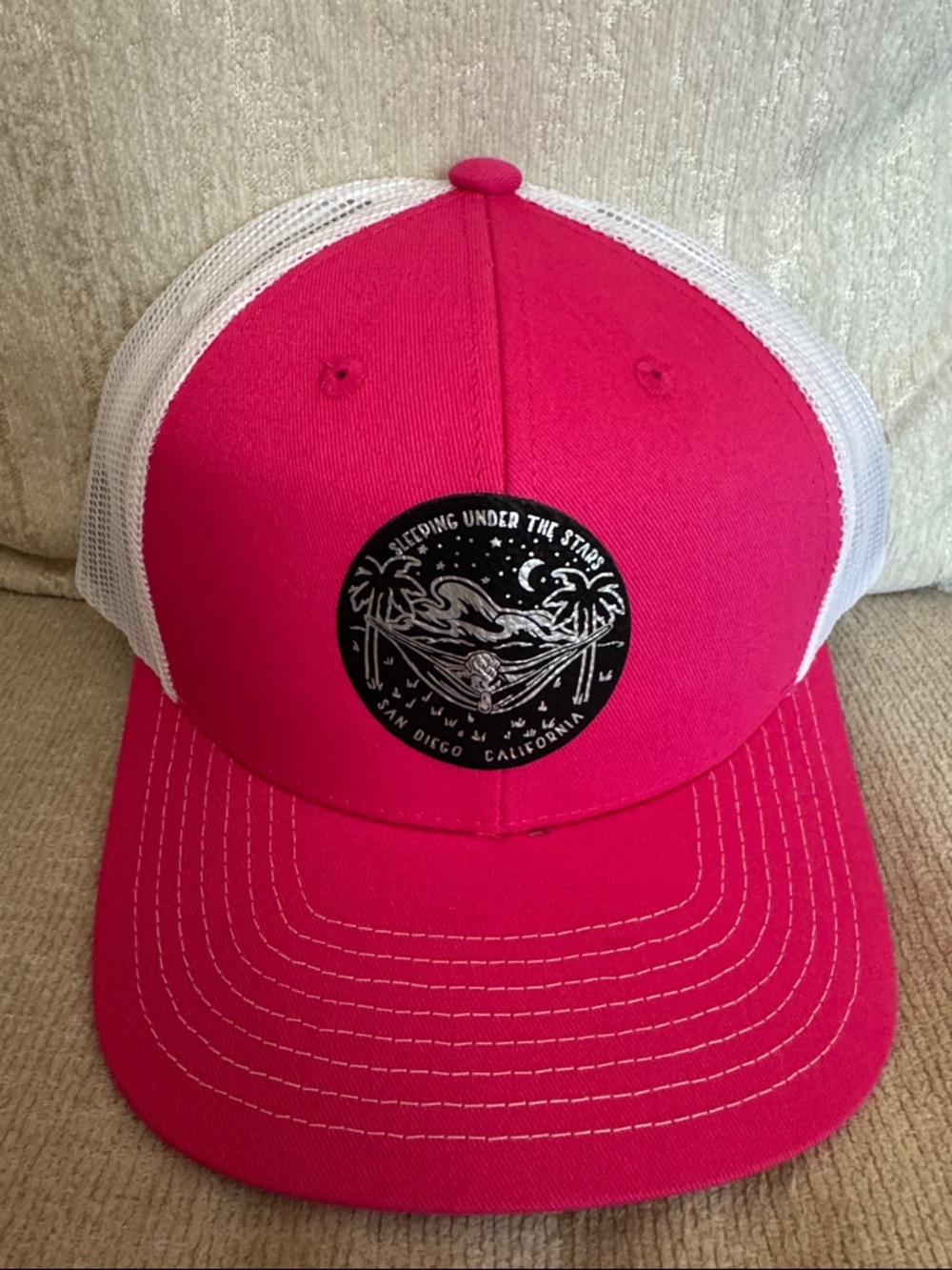 Pink and White Mesh Trucker Hat with Beach Patch